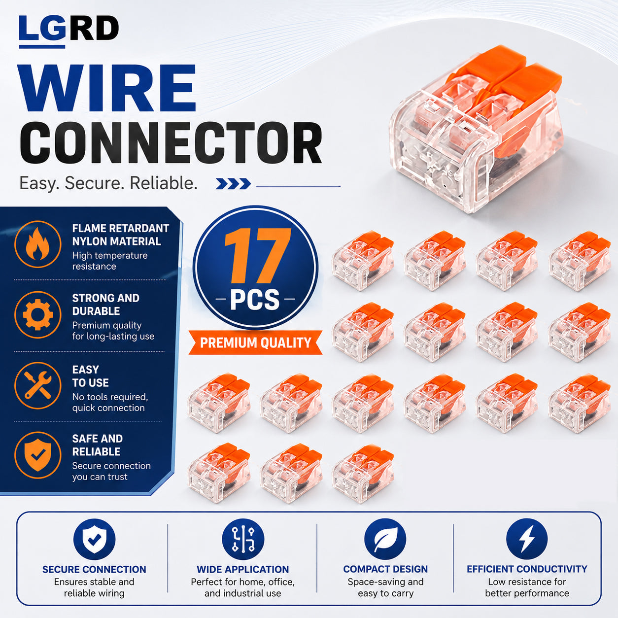 LGRD Flame Retardant Nylon Wire Connectors, 17PCS & 37PCS 2/3 Pole, Strong Durable Easy to Use Safe Reliable Quick Connect Lever Splicing Terminals