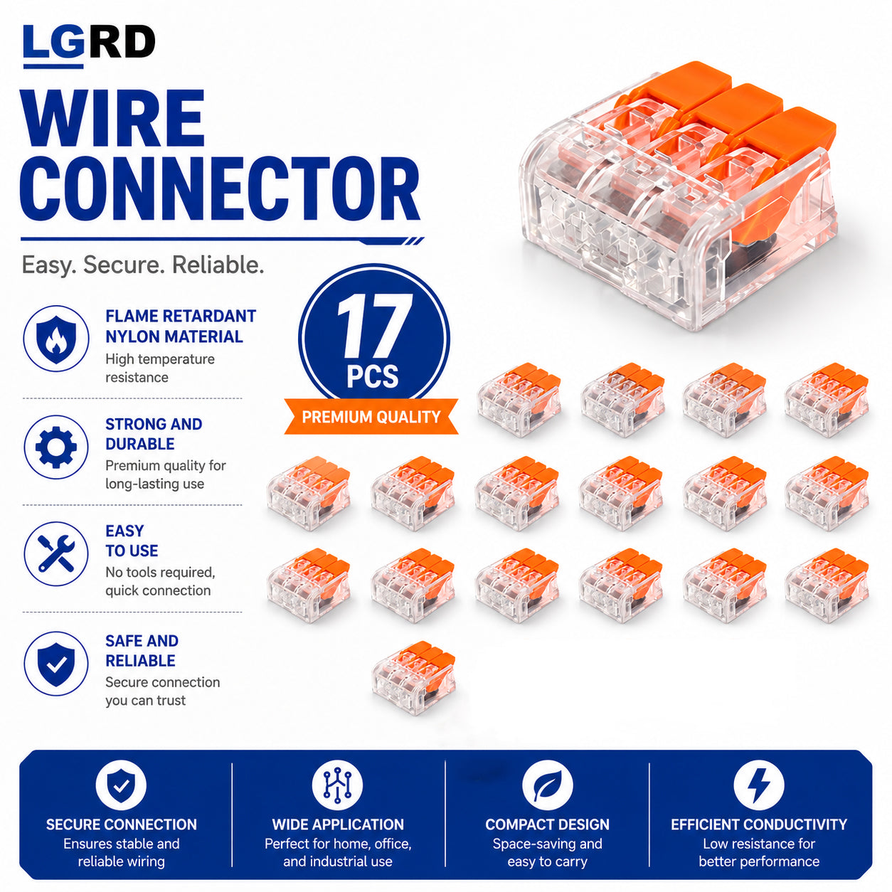LGRD Flame Retardant Nylon Wire Connectors, 17PCS & 37PCS 2/3 Pole, Strong Durable Easy to Use Safe Reliable Quick Connect Lever Splicing Terminals