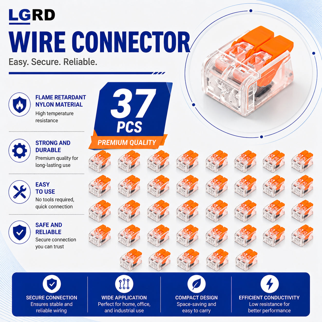 LGRD Flame Retardant Nylon Wire Connectors, 17PCS & 37PCS 2/3 Pole, Strong Durable Easy to Use Safe Reliable Quick Connect Lever Splicing Terminals