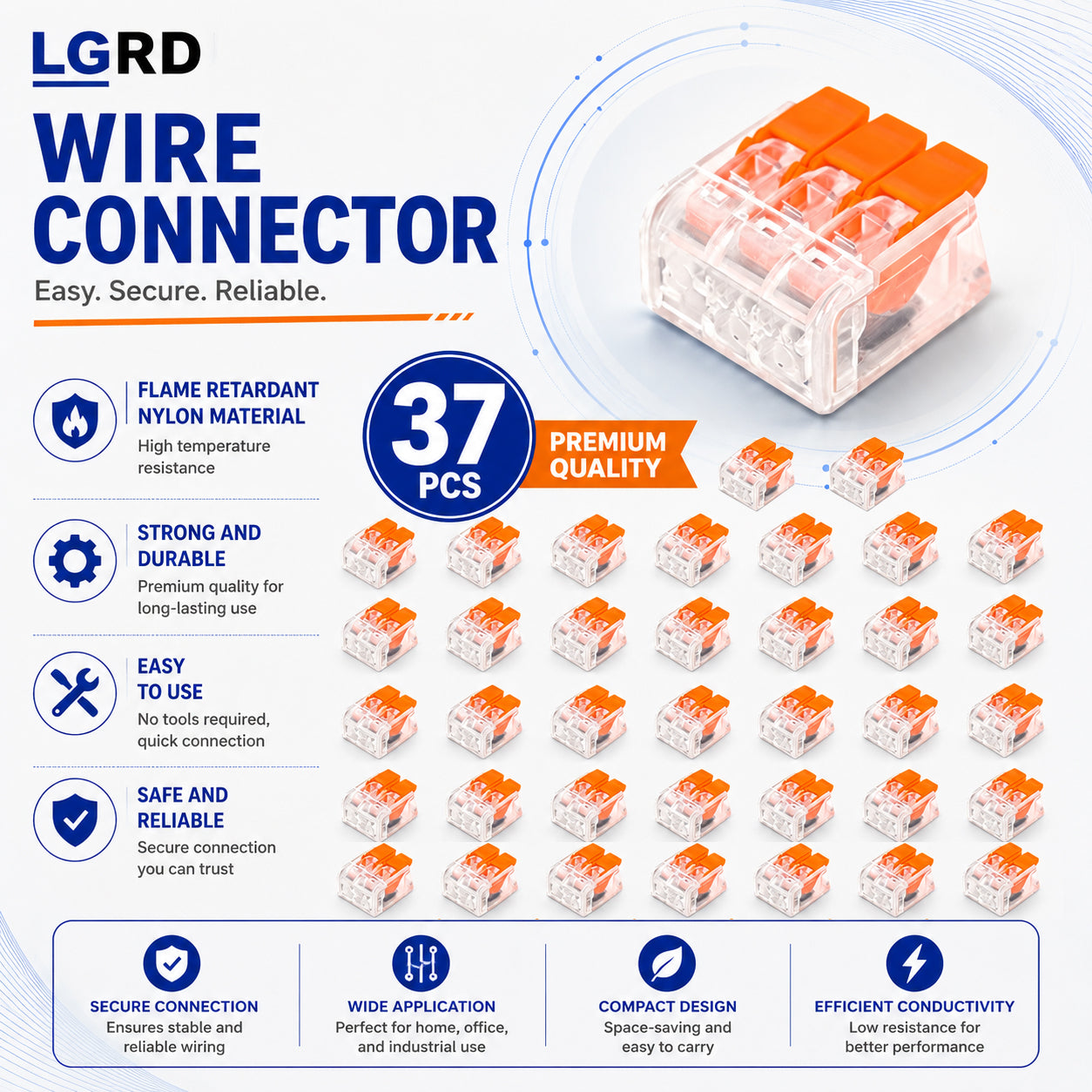 LGRD Flame Retardant Nylon Wire Connectors, 17PCS & 37PCS 2/3 Pole, Strong Durable Easy to Use Safe Reliable Quick Connect Lever Splicing Terminals