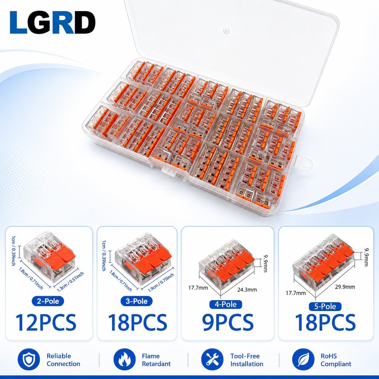 LGRD 57PCS Corrosion Resistant Lever Wire Connectors, 2/3/4/5 Pole Durable Splicing Terminals with Storage Case